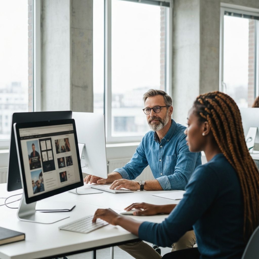 Team of web designers collaborating at computers